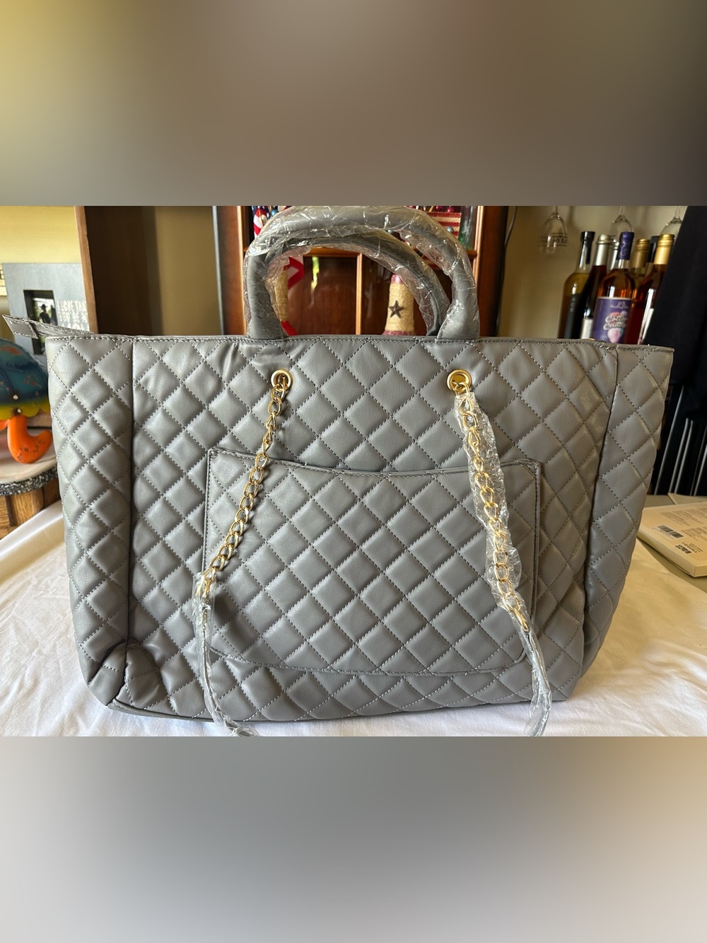 Gilda Paris Quilted Large Tote Bag Grey Stylish Carryall New with Tags - Picture 5 of 12